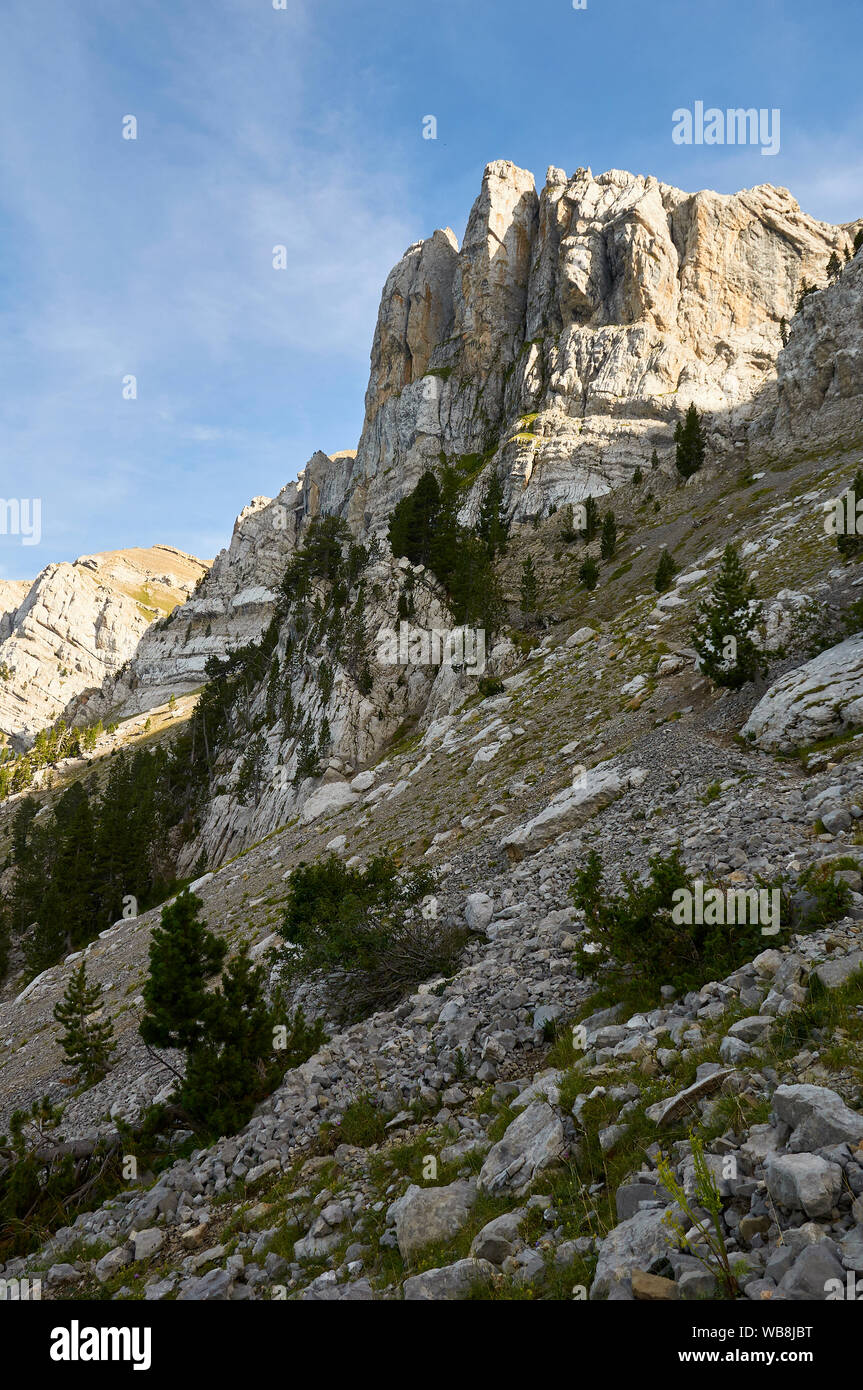 View of Canal de Cristall ravine in Sierra del Cadí mountain range from its base (Alt Urgell, Lleida, Pre-Pyrenees, Cataluña, Spain) Stock Photo