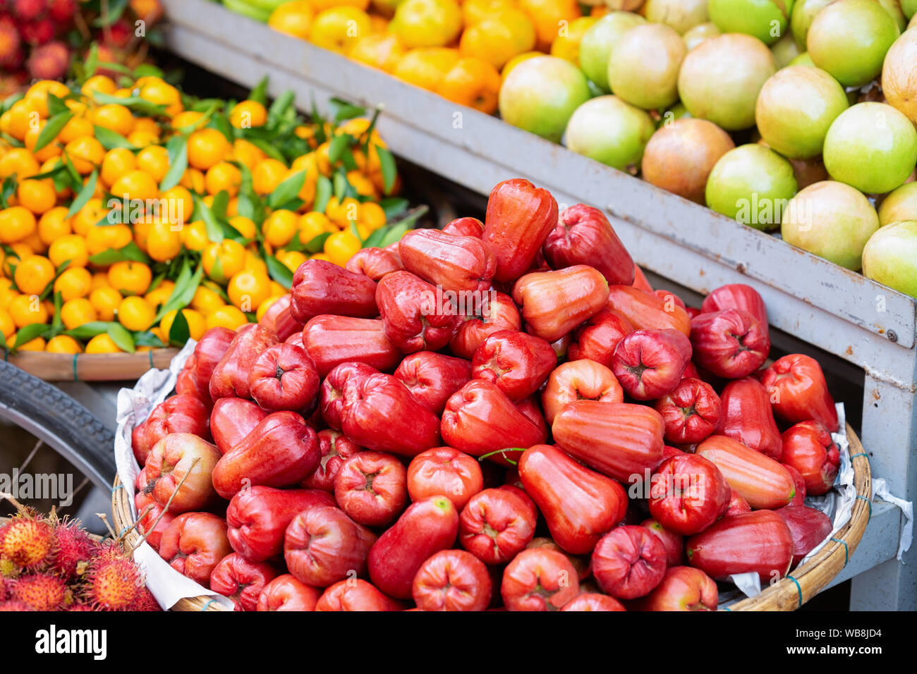 Asian fruit assortment such as Malay rose apple and mandarine on display in Hoi An in Vietnam in Asia. Street market with Vietnamese food cousine. Loc Stock Photo