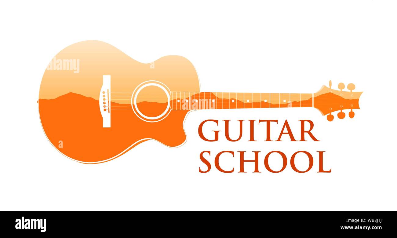 Logo emblem for Guitar music school. Vector illustration of silhouette of guitar with caption on white background isolated - Royalty Free Stock Vector