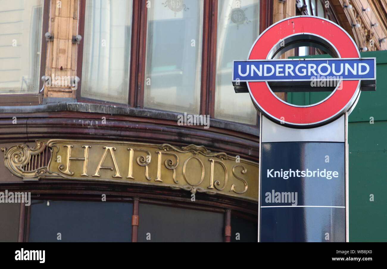 Harrods logo seen at Knightsbridge in London. Stock Photo