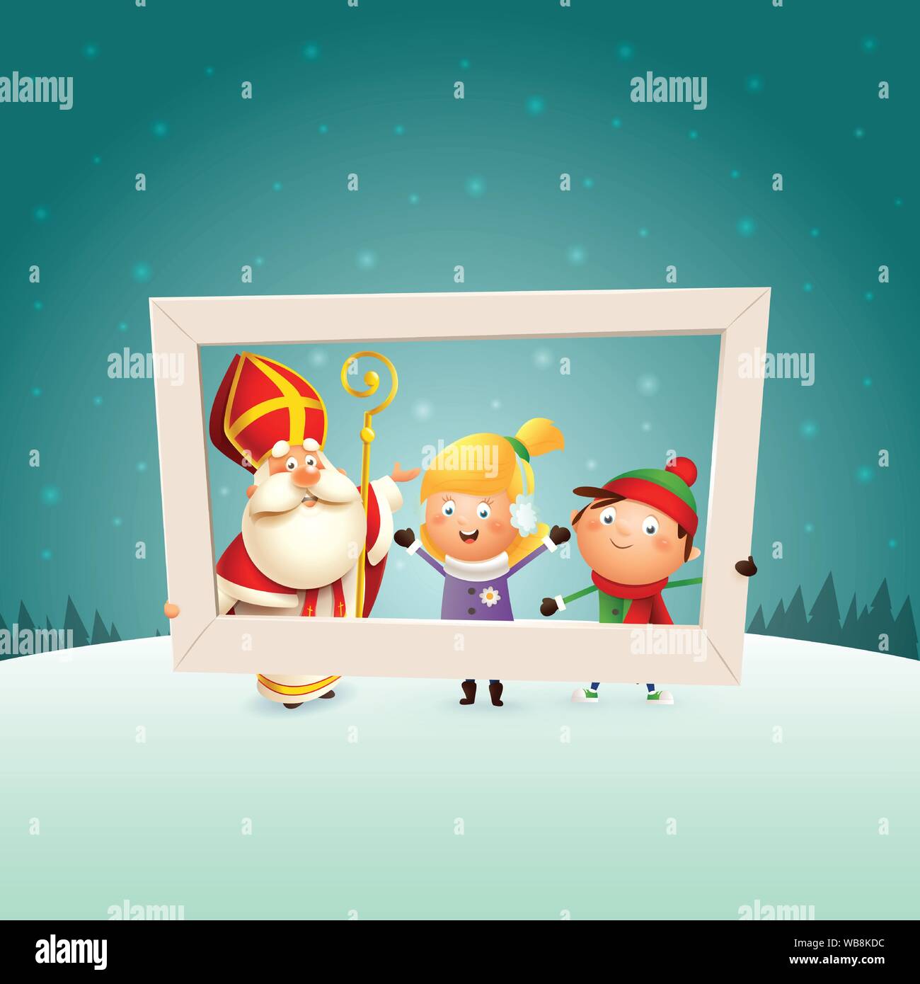 Saint Nicholas and children girl and boy with photo frame - winter ...