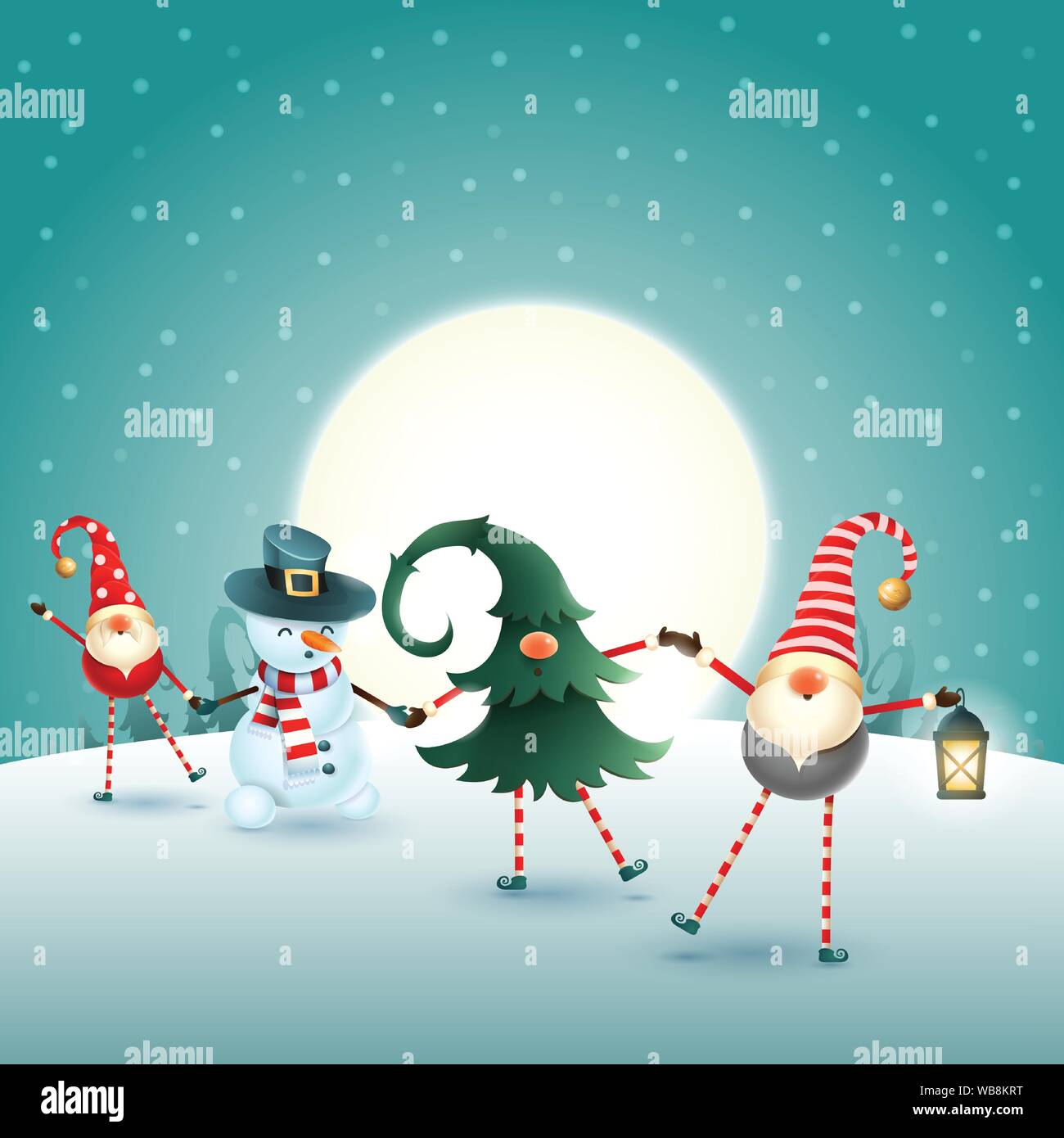 Christmas scandinavian gnomes and snowman on moonlight winter scene Stock Vector