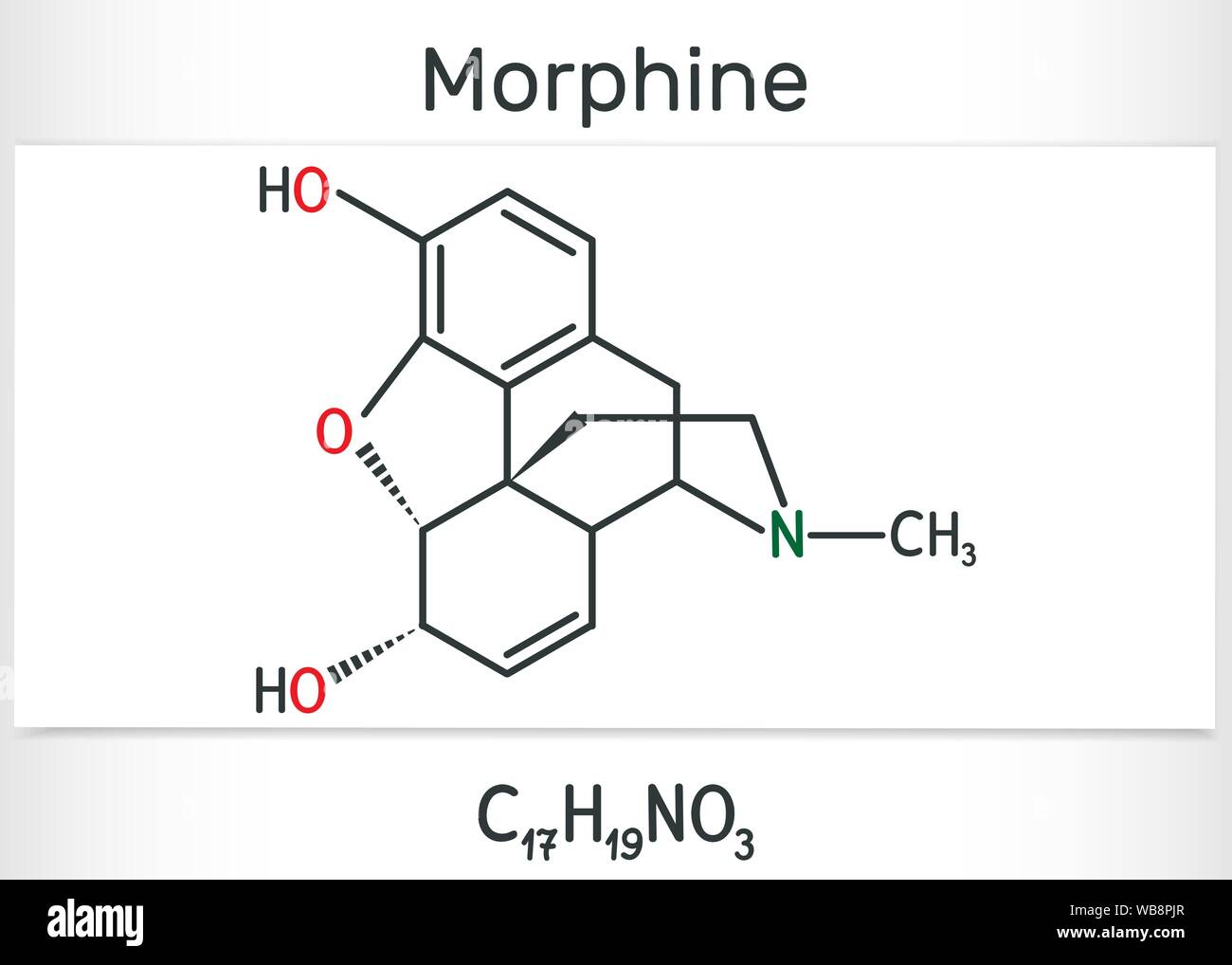 Morphine molecule. It is a pain medication of the opiate. Structural chemical formula and molecule model. Vector illustration Stock Vector