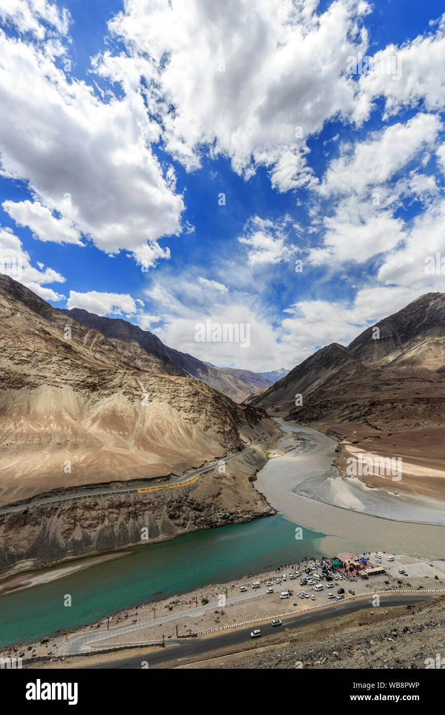Confluence of Zanskar and Indus river in Leh, Ladakh region, India Stock Photo