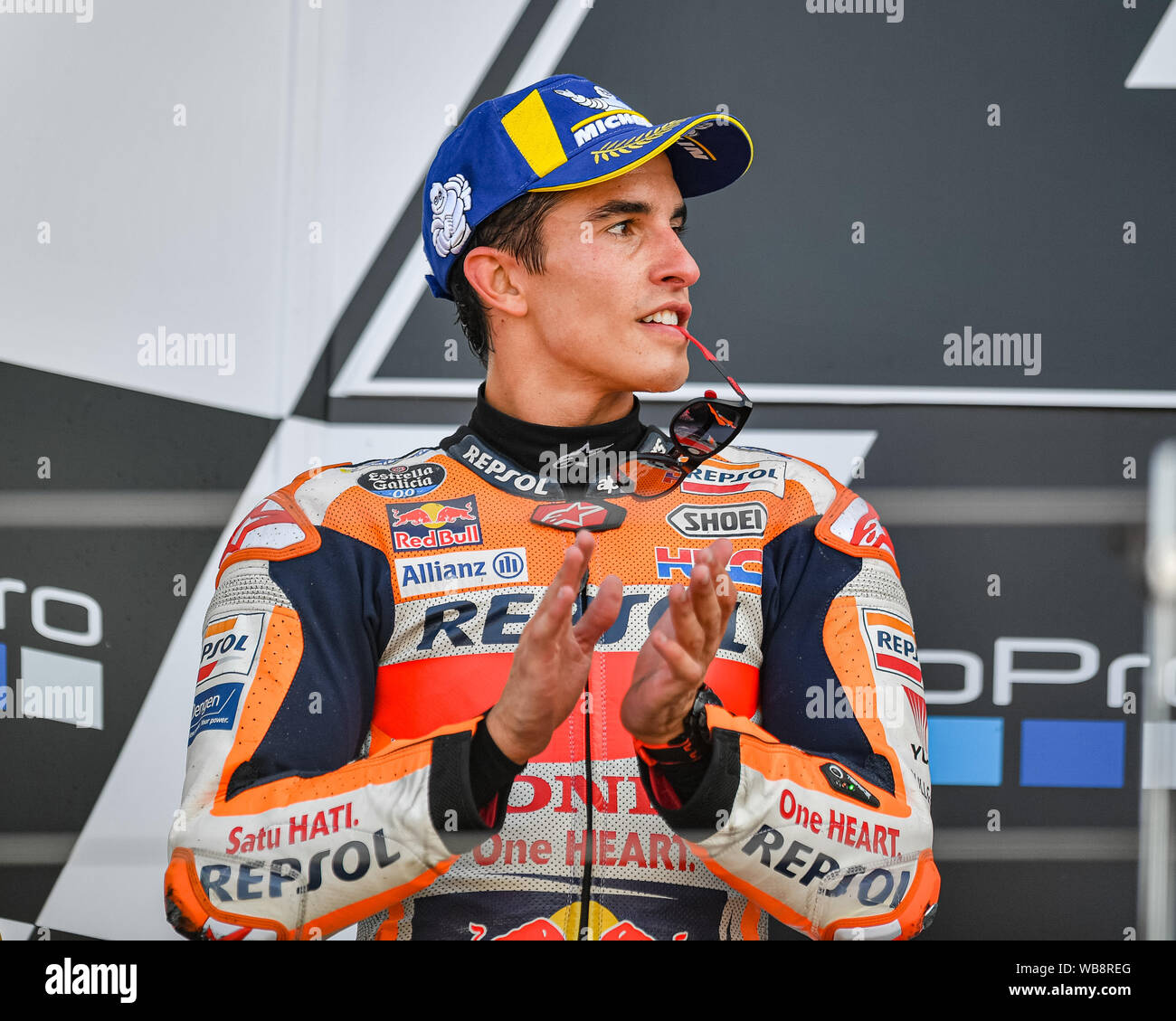 Towcester, UK. 25th Aug, 2019. Marc Marquez (SPA) of Repsol Honda Team at presentation after the Sunday’s Race of  GoPro British Grand Prix at Silverstone Circuit on Sunday, August 25, 2019 in TOWCESTER, ENGLAND. Credit: Taka G Wu/Alamy Live News Stock Photo
