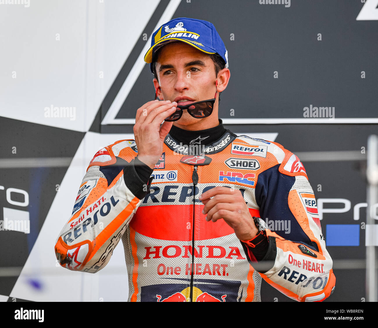 Towcester, UK. 25th Aug, 2019.  Marc Marquez (SPA) of Repsol Honda Team at winner’s presentation after the Sunday’s Race of  GoPro British Grand Prix at Silverstone Circuit on Sunday, August 25, 2019 in TOWCESTER, ENGLAND. Credit: Taka G Wu/Alamy Live News Stock Photo