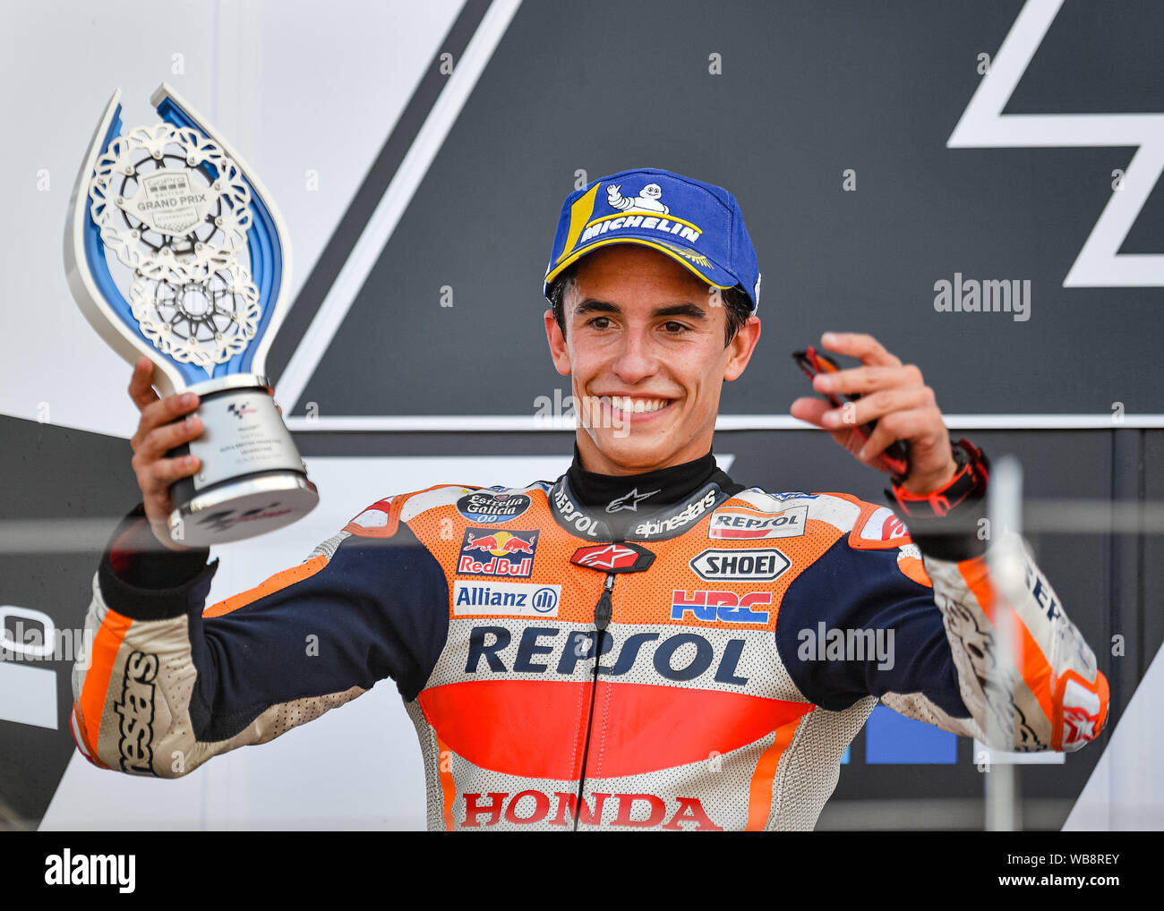 Towcester, UK. 25th Aug, 2019. Marc Marquez (SPA) of Repsol Honda Team at the Winner’s Presentation of GoPro British Grand Prix at Silverstone Circuit on Sunday, August 25, 2019 in TOWCESTER, ENGLAND. Credit: Taka G Wu/Alamy Live News Stock Photo