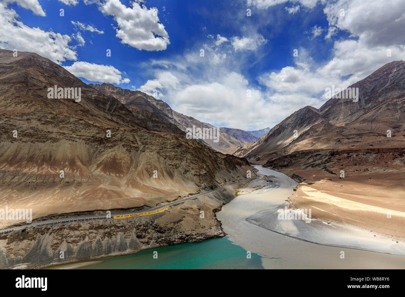 Confluence of Zanskar and Indus river in Leh, Ladakh region, India Stock Photo
