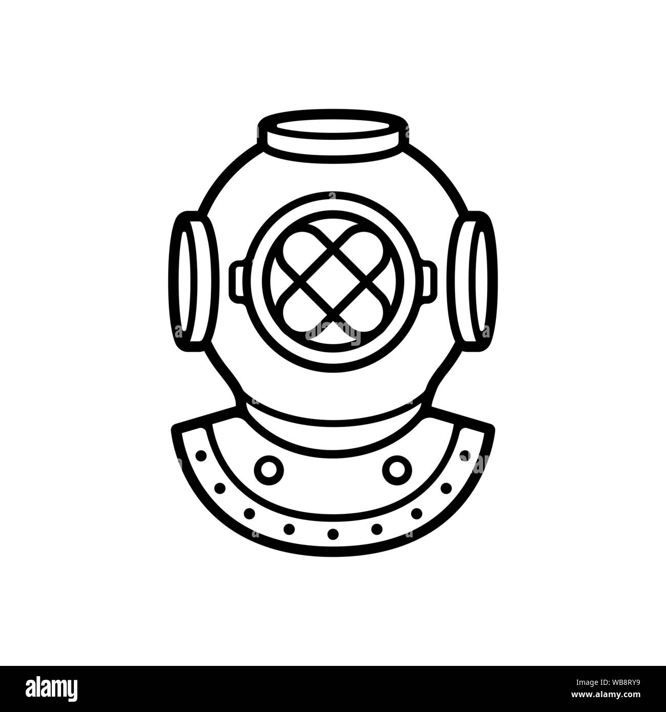 Vintage diver helmet black and white drawing. Retro deep sea diving symbol, isolated vector clip art illustration. Stock Vector