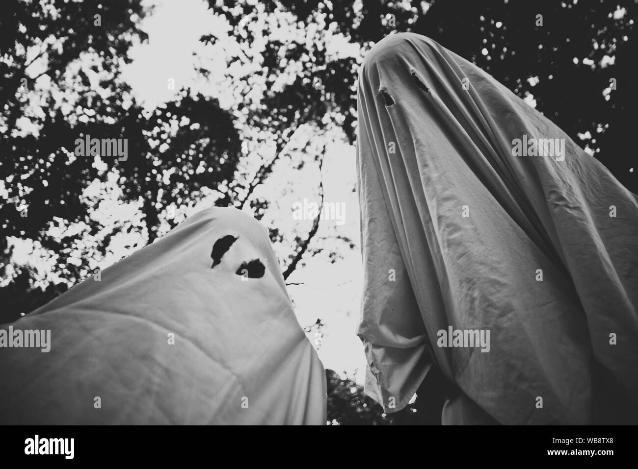 Father and son playing ghosts with white sheets in the garden