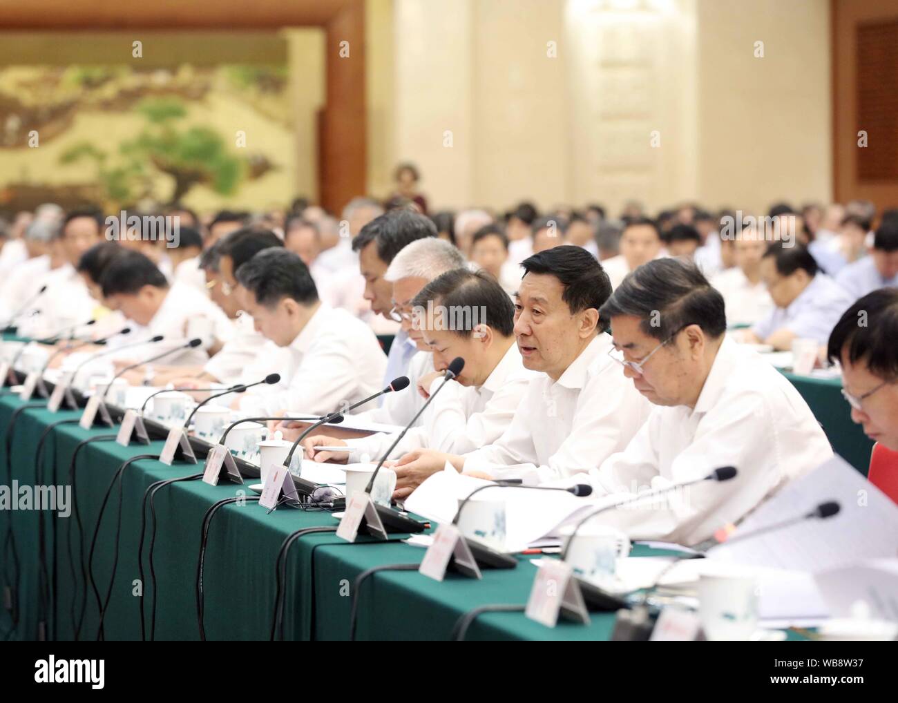 Beijing, China. 25th Aug, 2019. Chinese State Councilor Wang Yong answers questions during a joint inquiry meeting on water pollution at the Great Hall of the People in Beijing, capital of China, Aug. 25, 2019. China's top legislature on Sunday held a joint inquiry into a report on the enforcement of the water pollution prevention and control law. Li Zhanshu, chairman of the National People's Congress (NPC) Standing Committee, attended the meeting and delivered a speech. Credit: Liu Weibing/Xinhua/Alamy Live News Stock Photo