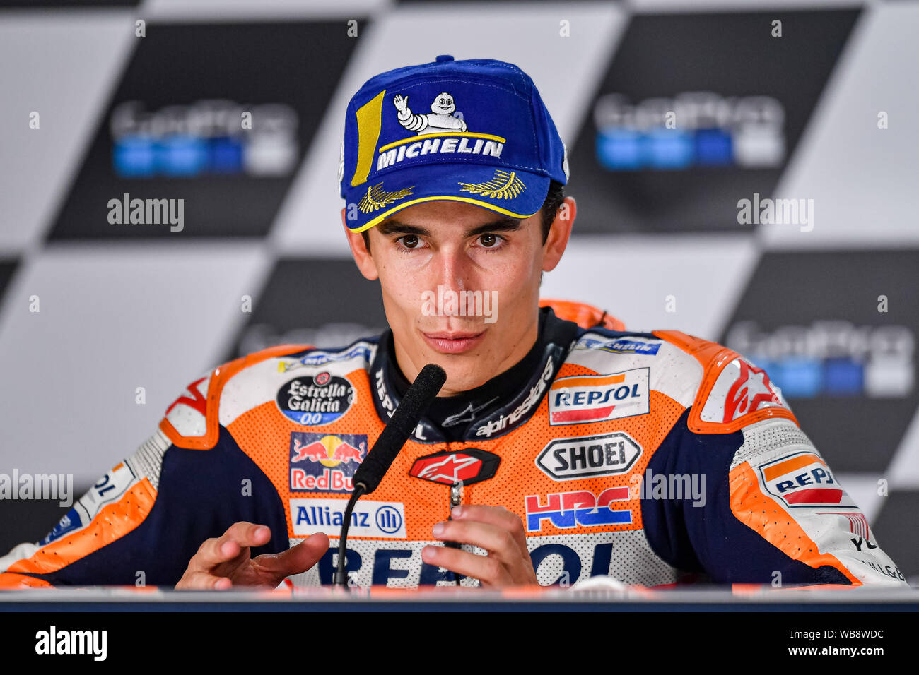 Towcester, UK. 25th Aug, 2019.  25th Aug, 2019. Marc Marquez (SPA) of Repsol Honda Team at Press Conference after Sunday’s Race of  GoPro British Grand Prix at Silverstone Circuit on Sunday, August 25, 2019 in TOWCESTER, ENGLAND. Credit: Taka G Wu/Alamy Live News Stock Photo