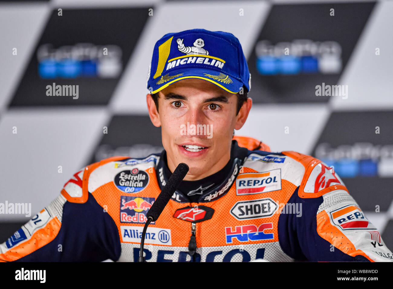 Towcester, UK. 25th Aug, 2019.  25th Aug, 2019. Marc Marquez (SPA) of Repsol Honda Team at Press Conference after Sunday’s Race of  GoPro British Grand Prix at Silverstone Circuit on Sunday, August 25, 2019 in TOWCESTER, ENGLAND. Credit: Taka G Wu/Alamy Live News Stock Photo