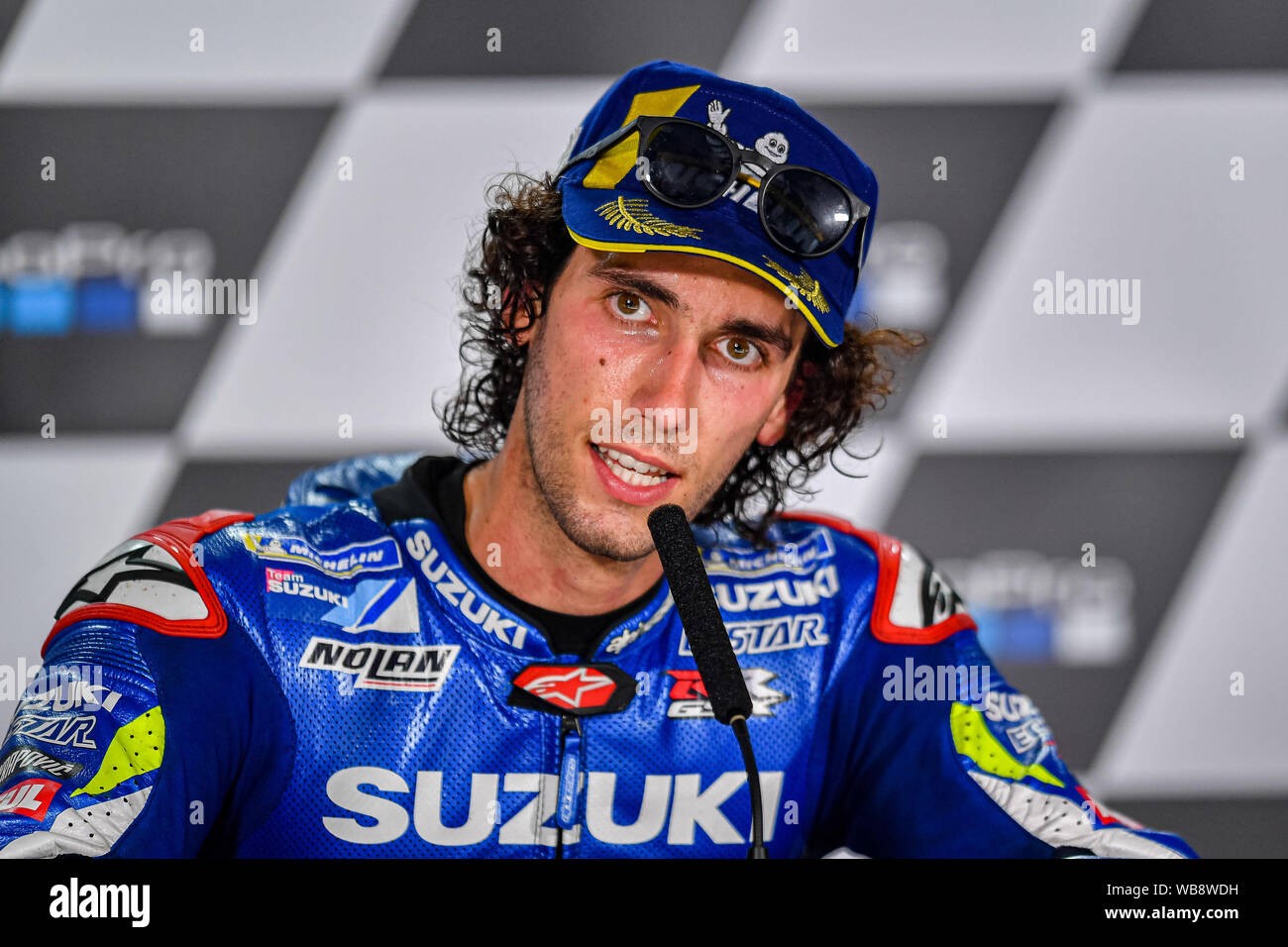 Towcester, UK. 25th Aug, 2019.  25th Aug, 2019. Alex Rins (SPA) of Team SUZUKI ECSTAR at Press Conference after Sunday’s Race of  GoPro British Grand Prix at Silverstone Circuit on Sunday, August 25, 2019 in TOWCESTER, ENGLAND. Credit: Taka G Wu/Alamy Live News Stock Photo