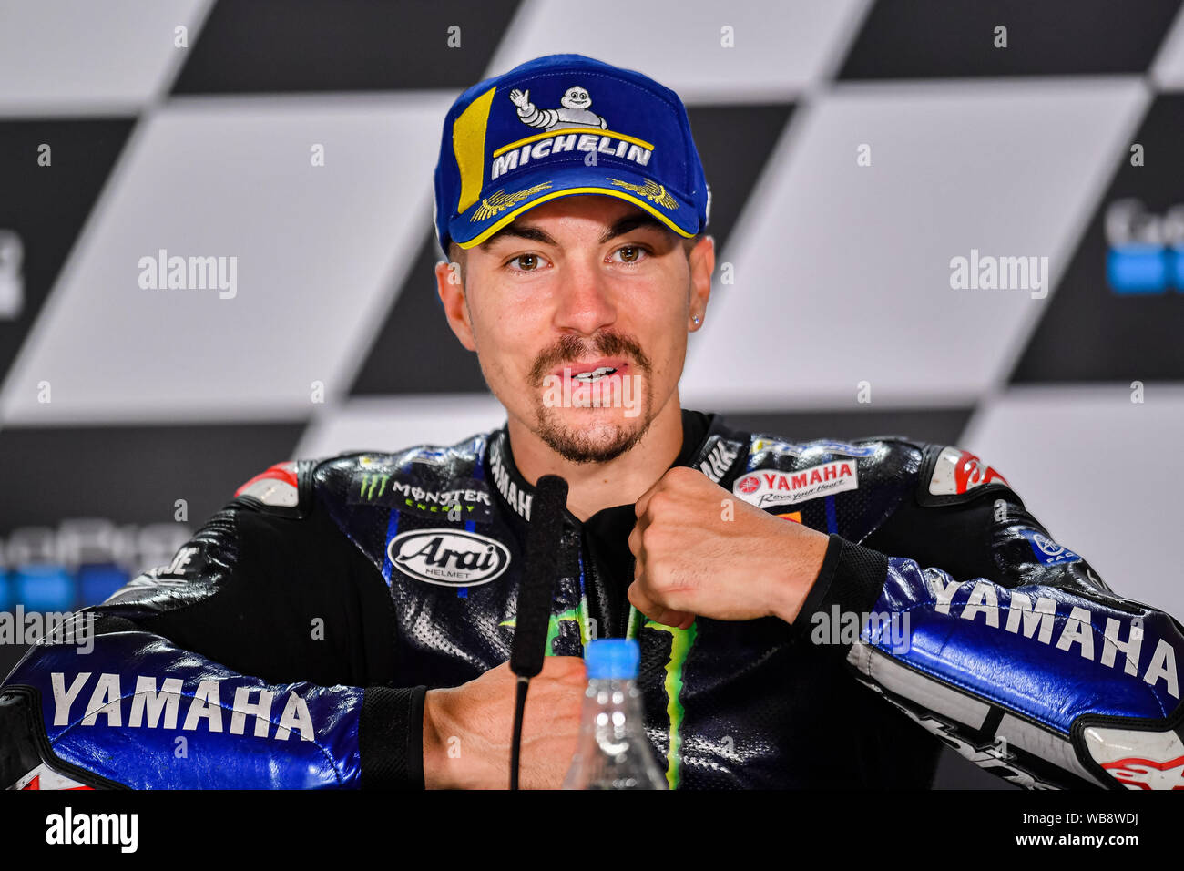 Towcester, UK. 25th Aug, 2019.  25th Aug, 2019. Maverick Vinales (SPA) of Monster Energy Yamaha MotoGP at Press Conference after Sunday’s Race of  GoPro British Grand Prix at Silverstone Circuit on Sunday, August 25, 2019 in TOWCESTER, ENGLAND. Credit: Taka G Wu/Alamy Live News Stock Photo