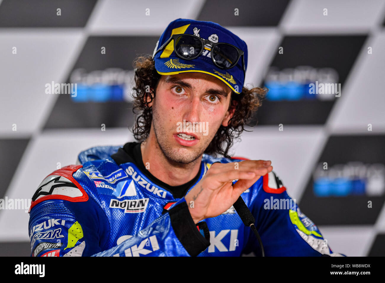 Towcester, UK. 25th Aug, 2019.  25th Aug, 2019. Alex Rins (SPA) of Team SUZUKI ECSTAR at Press Conference after Sunday’s Race of  GoPro British Grand Prix at Silverstone Circuit on Sunday, August 25, 2019 in TOWCESTER, ENGLAND. Credit: Taka G Wu/Alamy Live News Stock Photo
