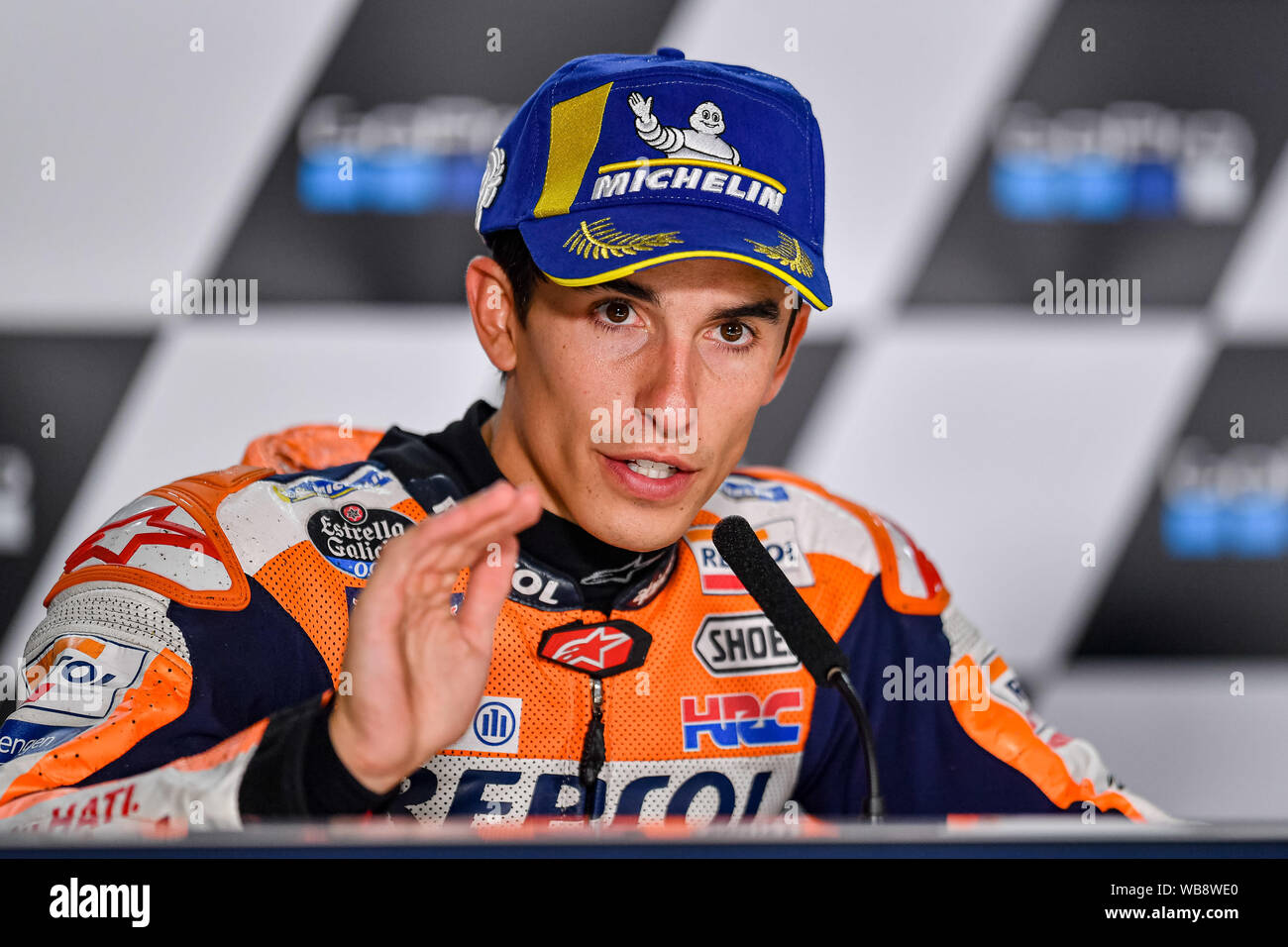 Towcester, UK. 25th Aug, 2019.  25th Aug, 2019. Marc Marquez (SPA) of Repsol Honda Team at Press Conference after Sunday’s Race of  GoPro British Grand Prix at Silverstone Circuit on Sunday, August 25, 2019 in TOWCESTER, ENGLAND. Credit: Taka G Wu/Alamy Live News Stock Photo