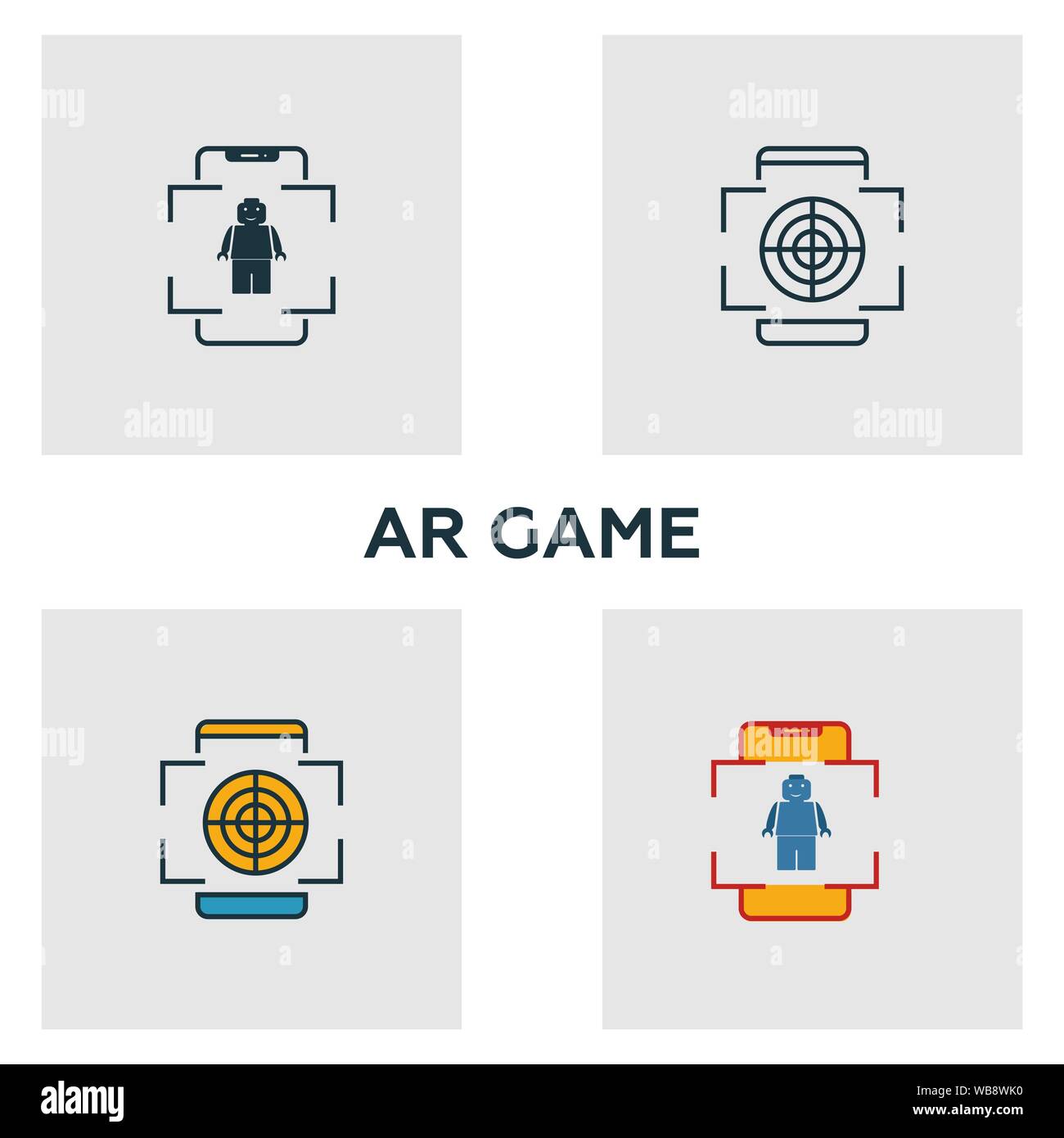 Augmented Reality Game icon set. Four elements in diferent styles from visual device icons collection. Creative augmented reality game icons filled Stock Vector