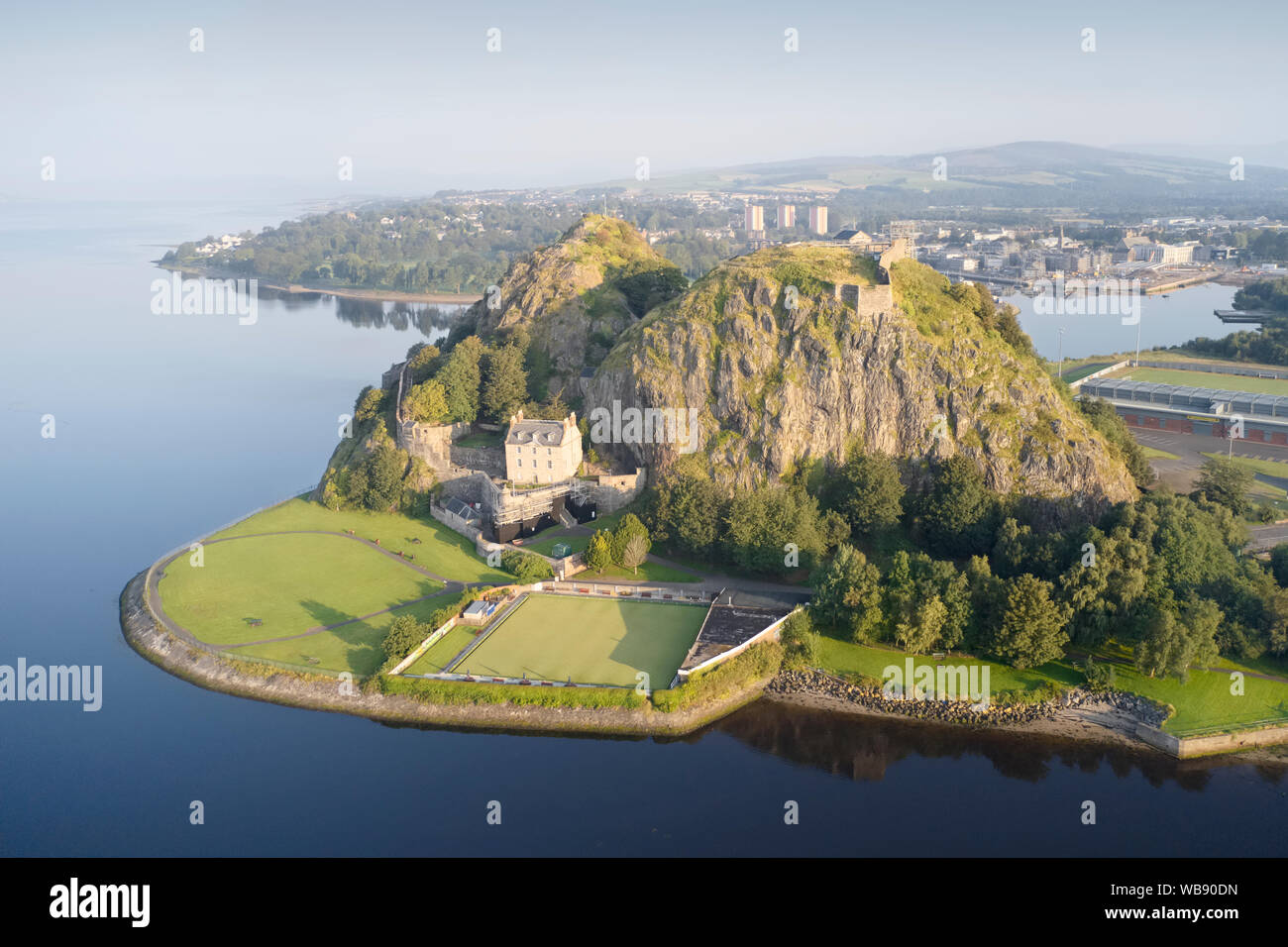 Dumbarton castle building on volcanic rock aerial view from above Scotland UK Stock Photo