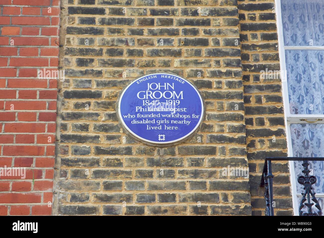 English heritage blue plaque for John Groom, a philanthropist Stock Photo