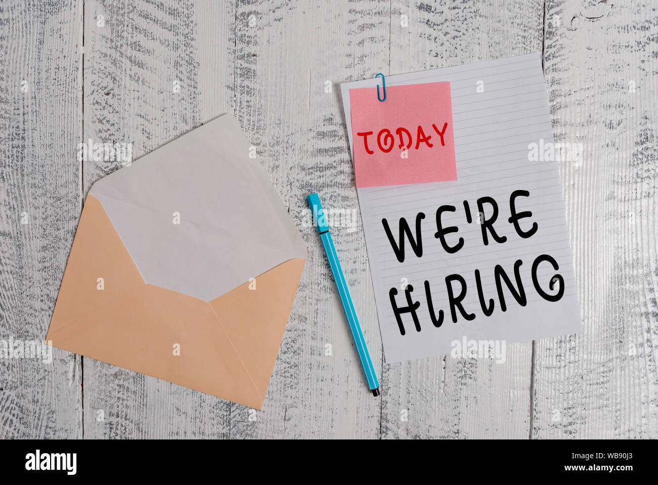 Writing note showing We Re Hiring. Business concept for process of