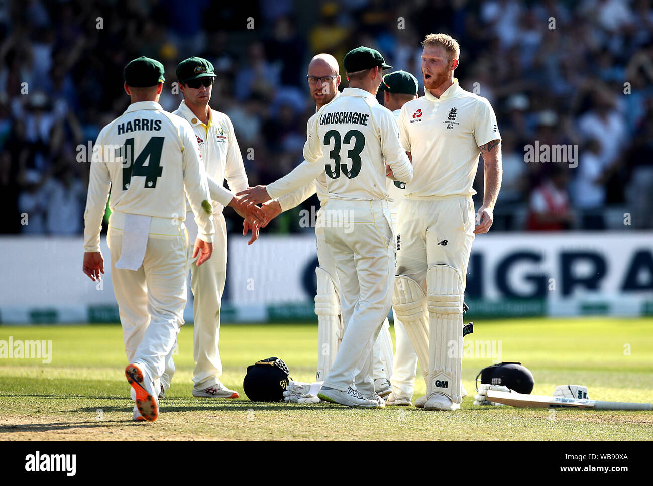 England's Ben Stokes with Australia's Marnus Labuschagne after winning the third Ashes Test match at Headingley, Leeds. Stock Photo