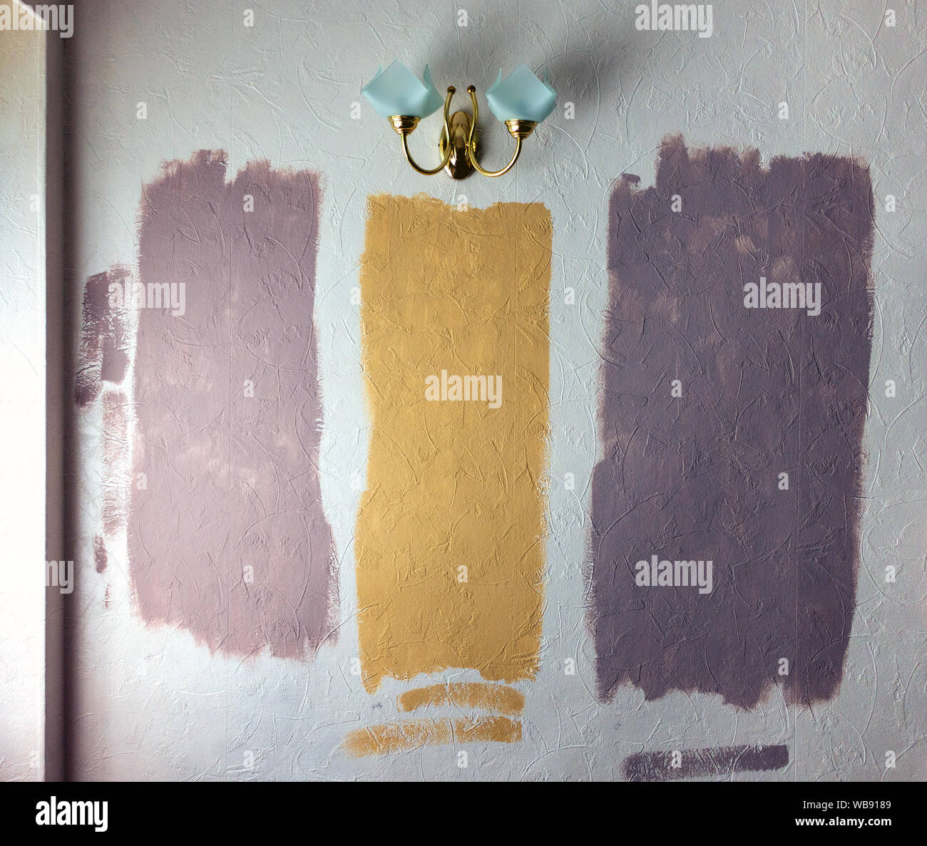 paint colour test sample panels on house interior wall Stock Photo Alamy