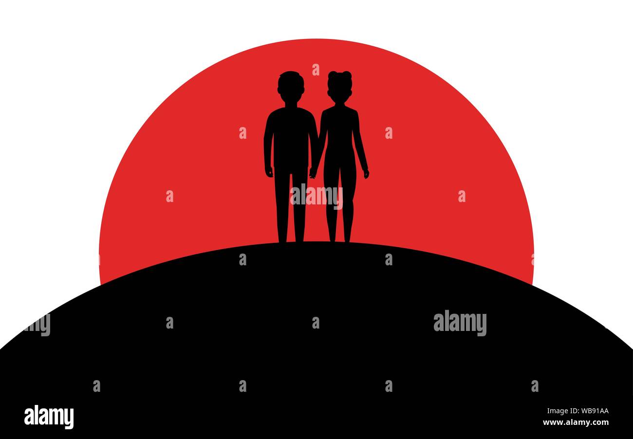 Loving couple hold hands, people stand on a hill, sunset, silhouette art image, vector illustration isolated on white background Stock Vector