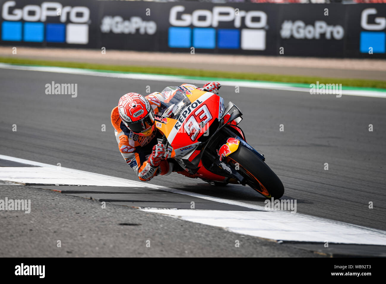 Towcester, UK. 25th Aug, 2019.  25th Aug, 2019. Marc Marquez (SPA) of Repsol Honda Team during Sunday’s Race of  GoPro British Grand Prix at Silverstone Circuit on Sunday, August 25, 2019 in TOWCESTER, ENGLAND. Credit: Taka G Wu/Alamy Live News Stock Photo