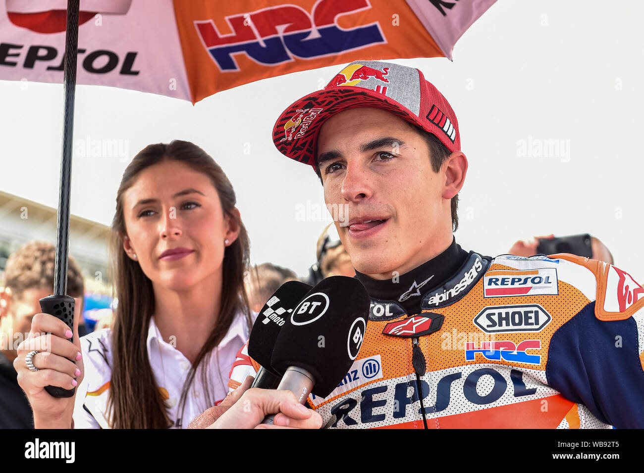 Towcester, UK. 25th Aug, 2019.  25th Aug, 2019. Marc Marquez (SPA) of Repsol Honda Team gave media interview during Grid Presentation prior to TodayÕs Race of  GoPro British Grand Prix at Silverstone Circuit on Sunday, August 25, 2019 in TOWCESTER, ENGLAND. Credit: Taka G Wu/Alamy Live News Stock Photo