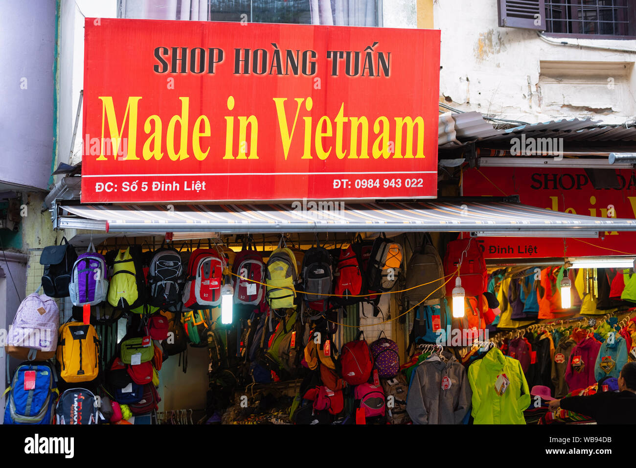 Hanoi, Vietnam February 21, 2016 Backpacks and clothes on Street