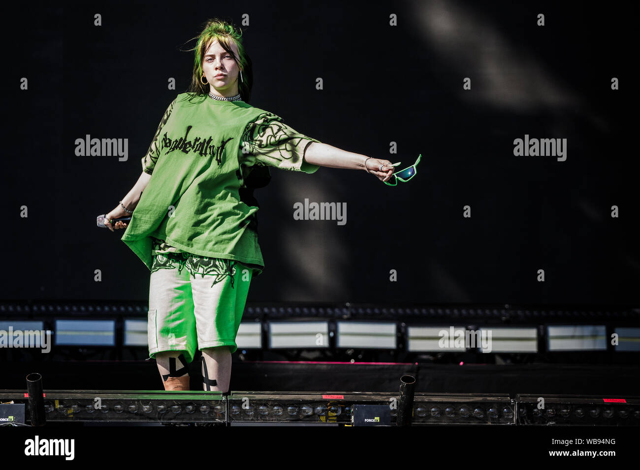Billie Eilish performs live on stage at Leeds Festival, UK, 25th Aug, 2019. Stock Photo