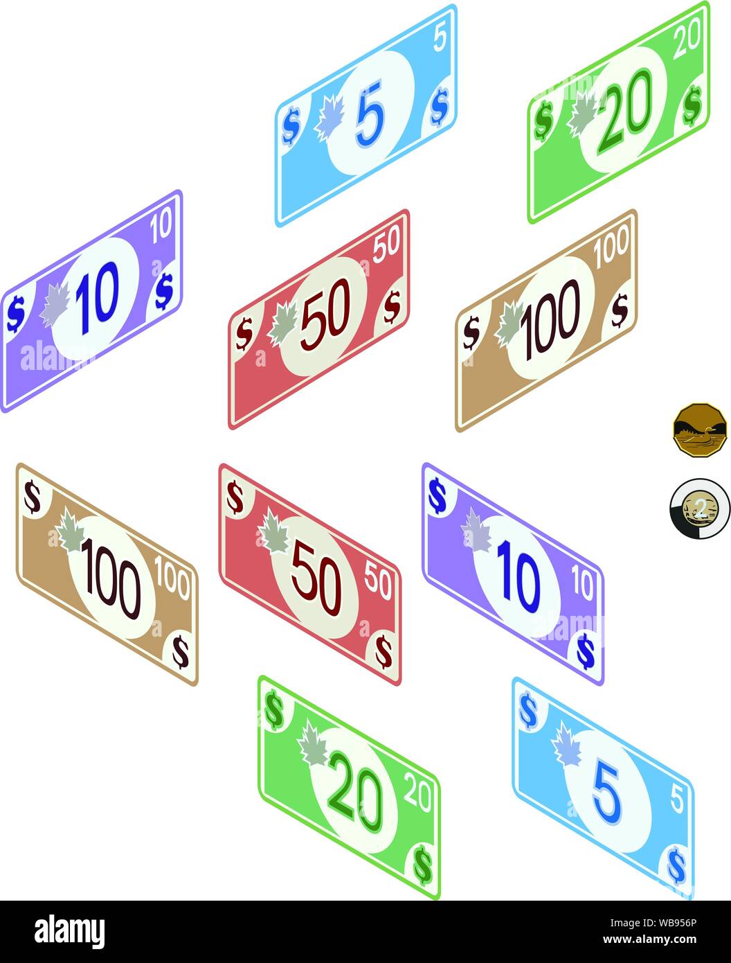 Canadian money, bills 5, 10, 20, 50 & 100, coins 1 & 2 dollars. Full color graphic renderings Stock Vector