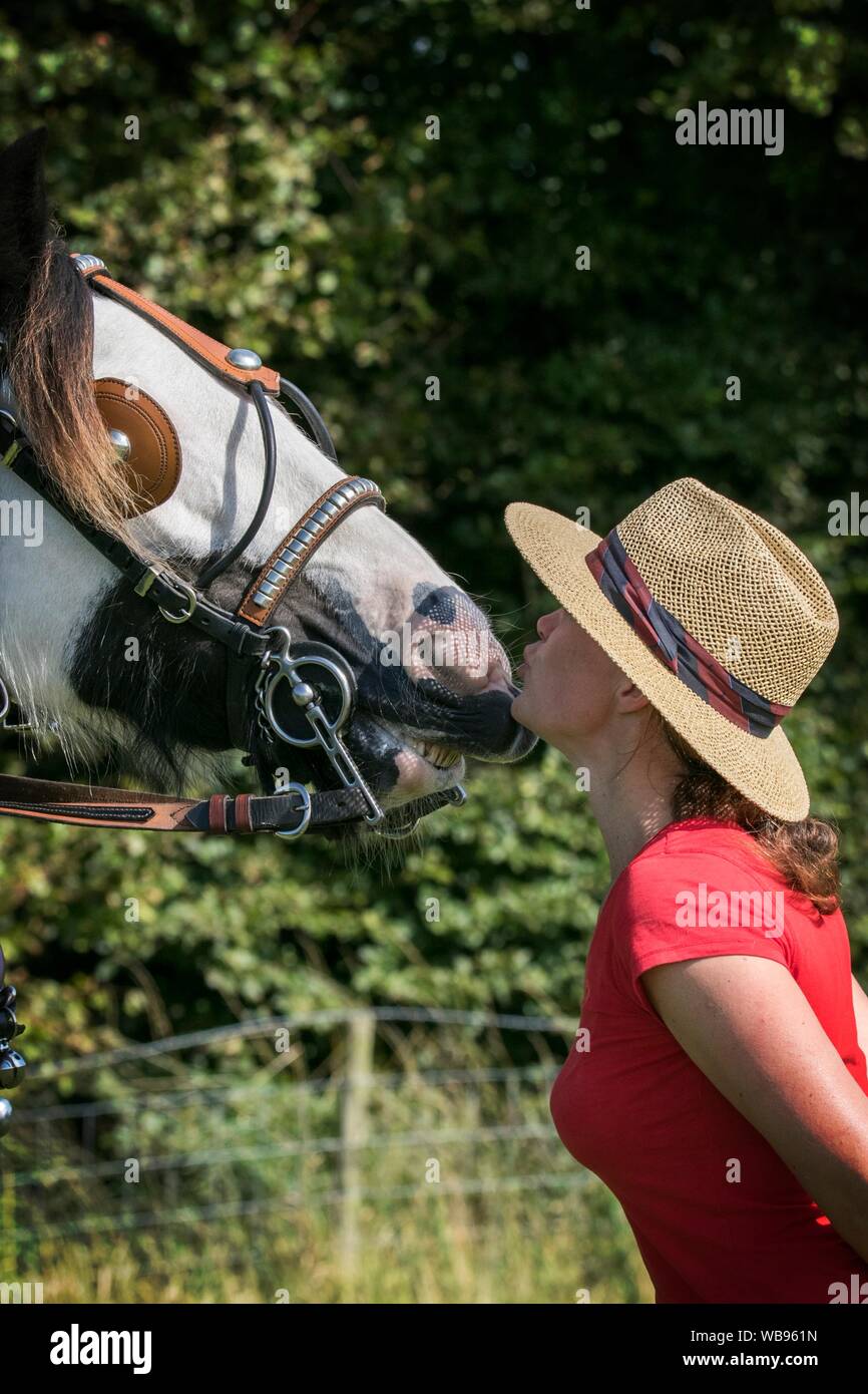 A woman kisses her cob horse with affection at the the Chipping Agricultural show in Lancashire, UK Stock Photo
