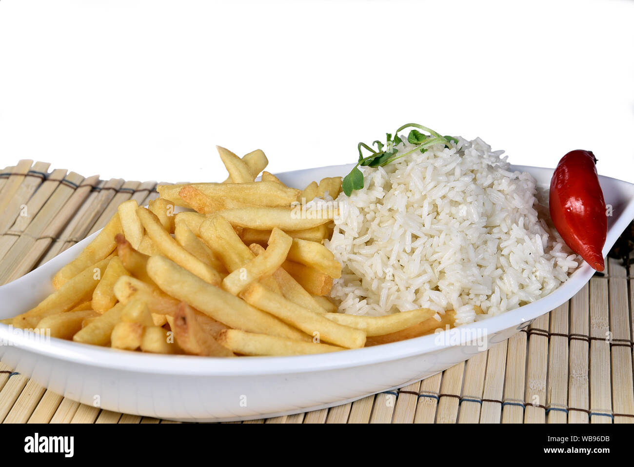 rice and fried potato isolated background Stock Photo