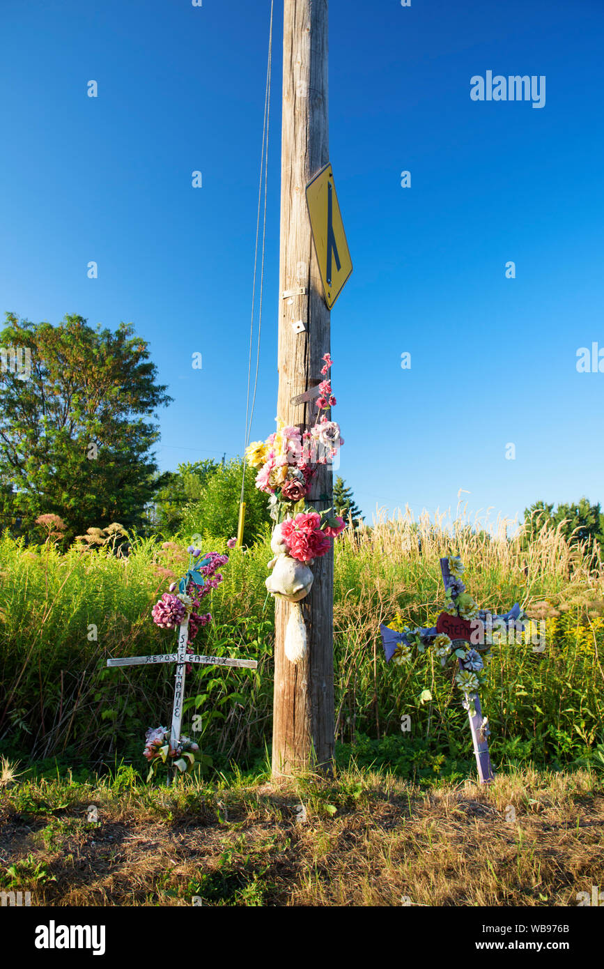 Roadside memorial for a driver who died in a car accident Stock Photo