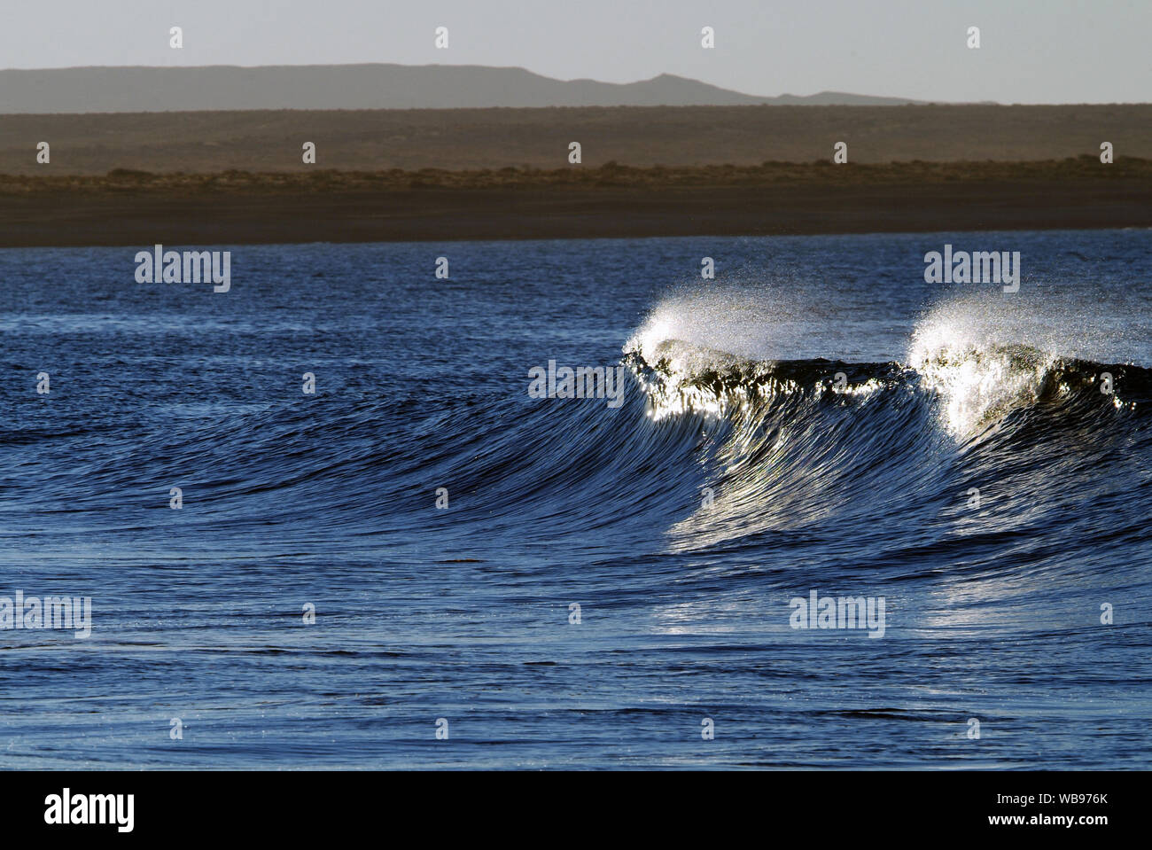 Breaking wave in a secret spot of the south atlantic ocean, patagonia  argentina, with desertic mountains in the back Stock Photo - Alamy