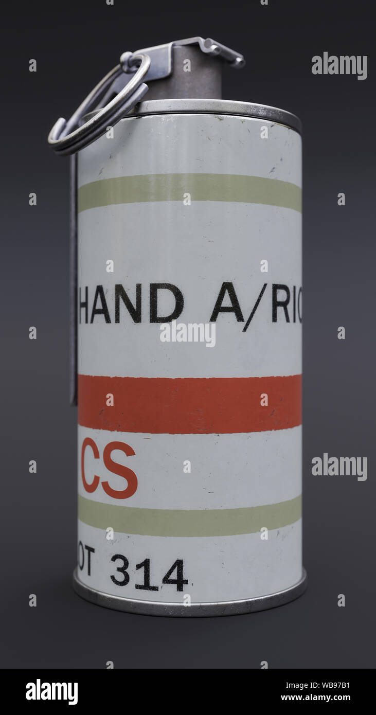 Closeup of CS tear gas grenade on a dark background. - 3D Illustration Stock Photo
