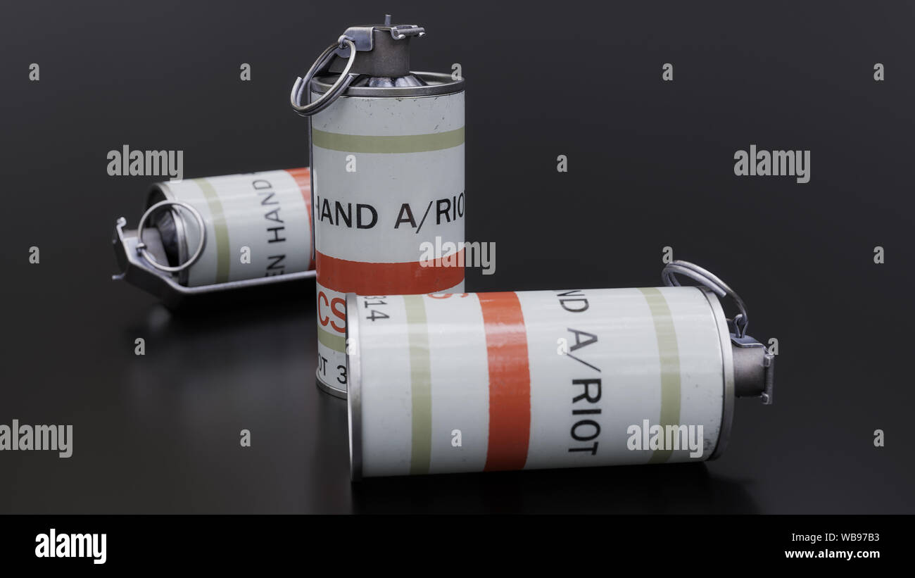Multiple riot control hand grenades on a dark background. - 3D Illustration Stock Photo