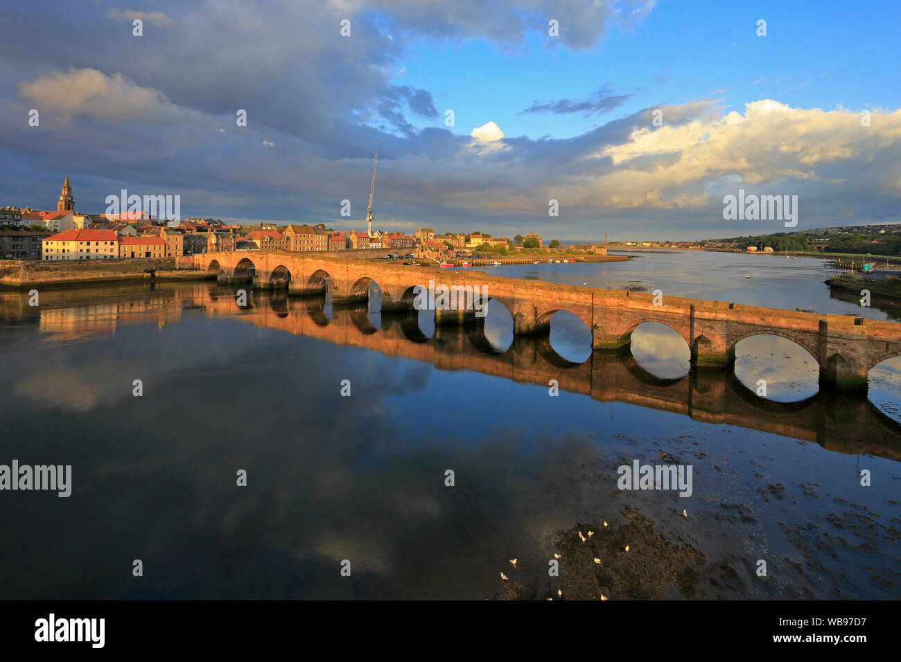 Sunset on the Old Bridge and Bridge End from the Royal Tweed Bridge, Berwick upon Tweed, Northumberland, England, UK. Stock Photo