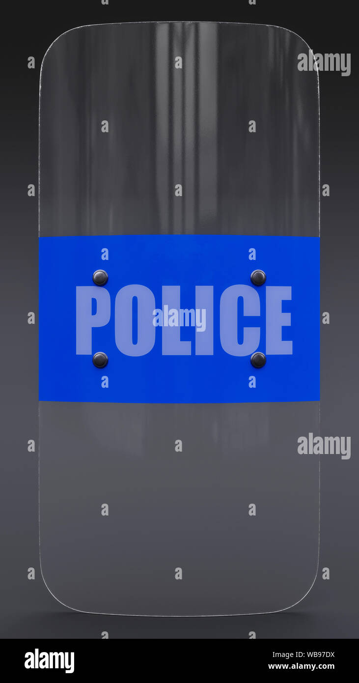 Front view of a police riot shield on a dark background. - 3D Illustration Stock Photo