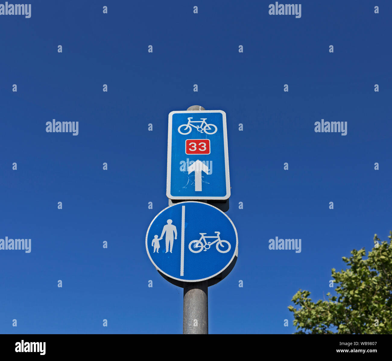 Signs on cycle route 33 which links Worle to Uphill in Weston-super-Mare, UK. Stock Photo