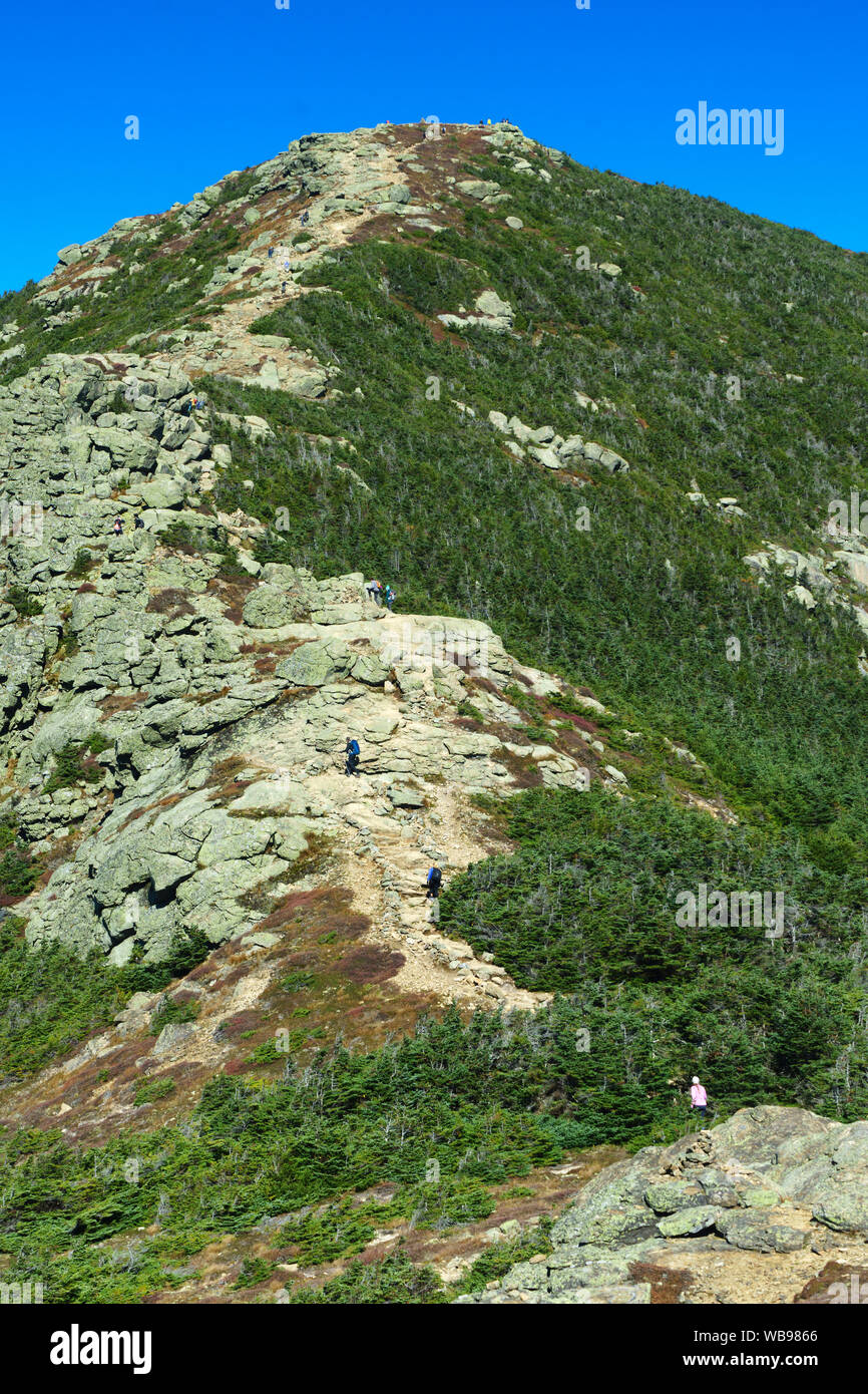 Franconia Ridge trail, leading to the top of Mt Lincoln, New Hampshire. About 20 hikers, although small on the image, are visible on the trail. Stock Photo