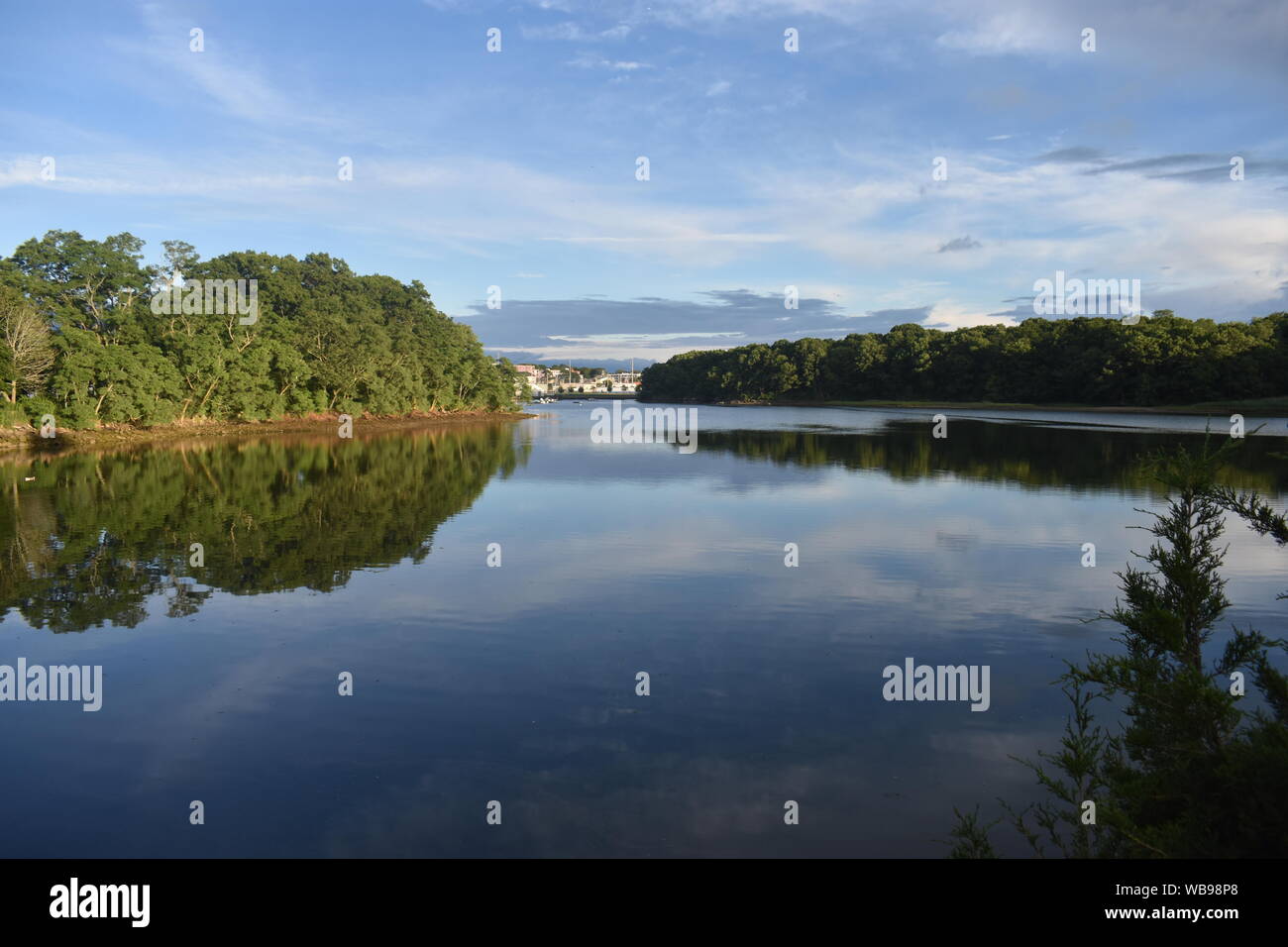 View of Bass River in Beverly, Massachusetts, with a row of homes on