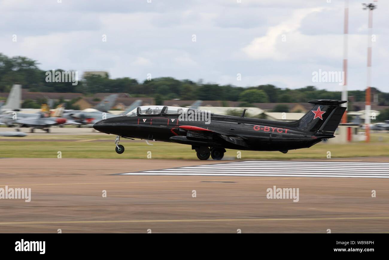 Aero L-29 Delfín ‘G-BYCT’ arriving at RAF Fairford for the 2019 Royal International Air Tattoo Stock Photo