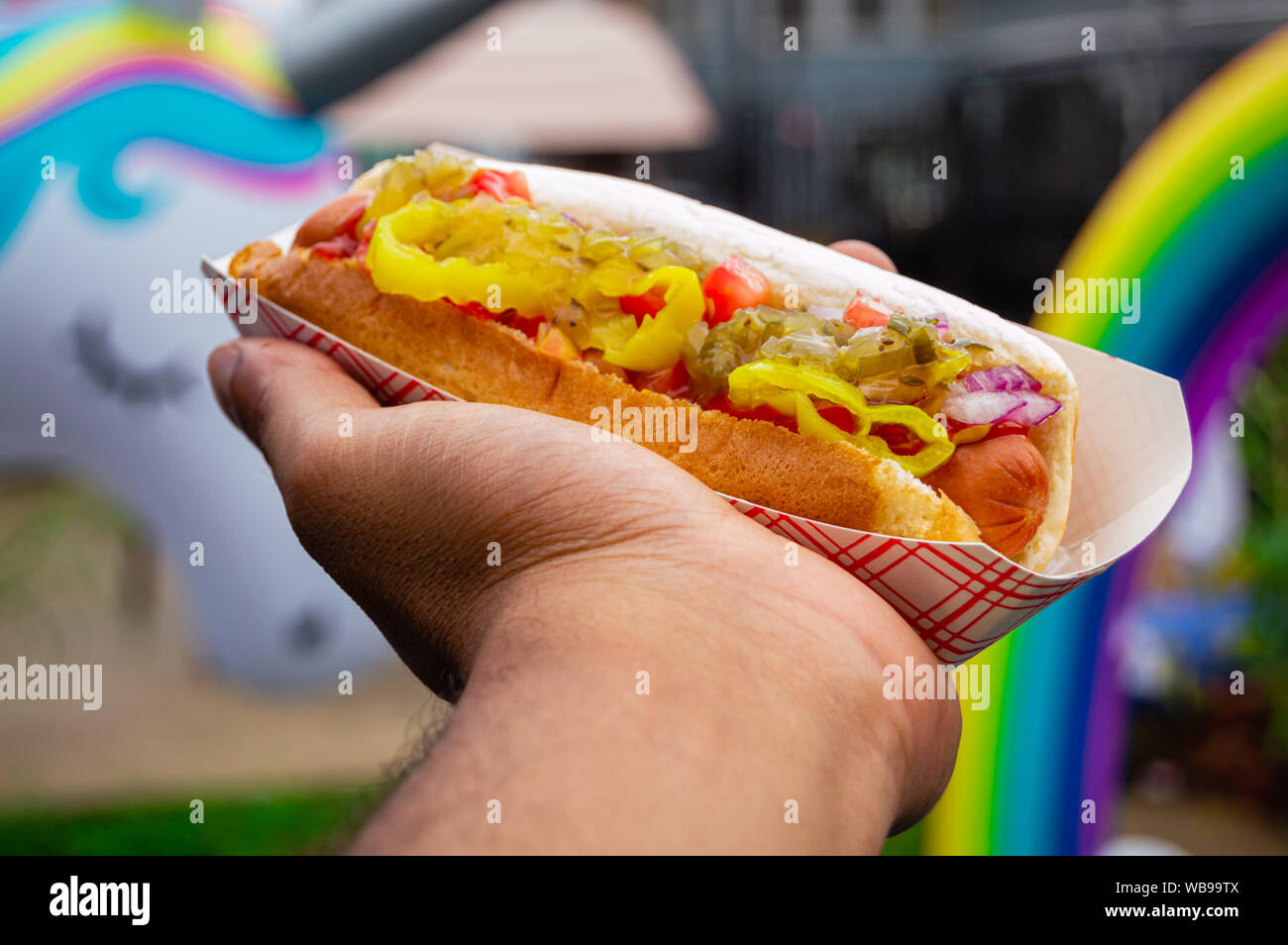 American 100 beef hot dog with toppings Stock Photo Alamy