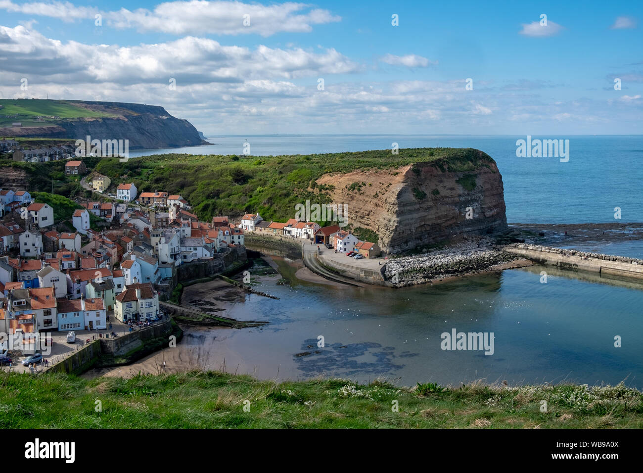 Panoramic view of Staithes, the Captain Cook's town, from Penny Nab, North Yorkshire, UK. Stock Photo
