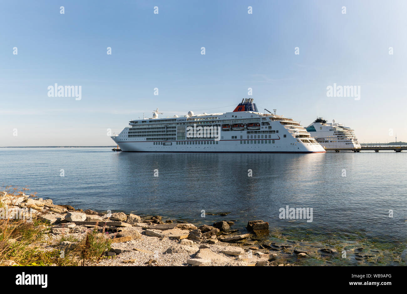Cruise ship MS Europa 2 of the Hapag-Lloyd Cruises Fleet and other ship docked in Vanasadam