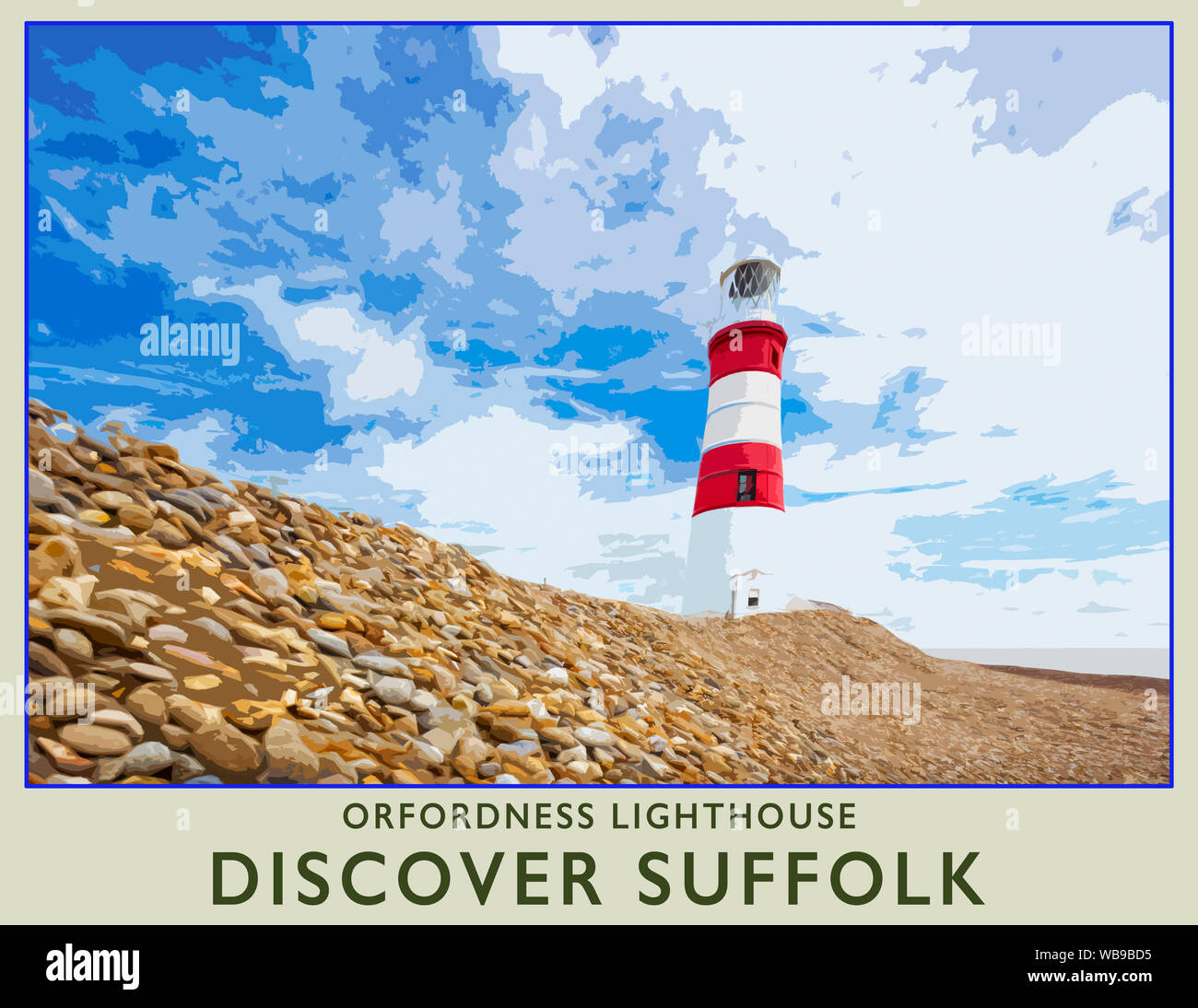 Travel poster from a photograph of Orfordness Lighthouse on Orford Ness National Nature Reserve, Orford, Suffolk, England, UK Stock Photo
