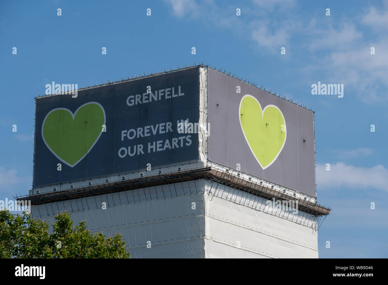 London / United Kingdom - August 25th 2019: Forever in our hearts support banner on the Grenfell tower Stock Photo